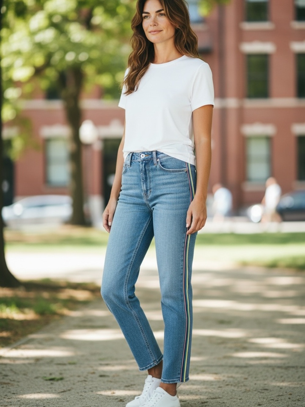 Express Light Blue Straight-Leg Jeans with Rainbow Side Stripe